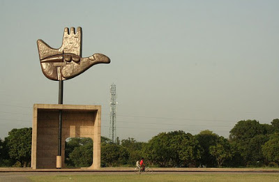 Open-handed monument at Capitol Complex, Chandigarh.