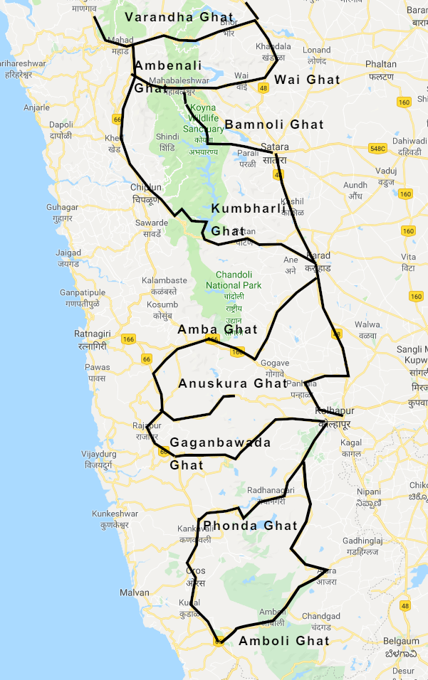 Our used routes between Varandha Ghat and Amboli Ghat